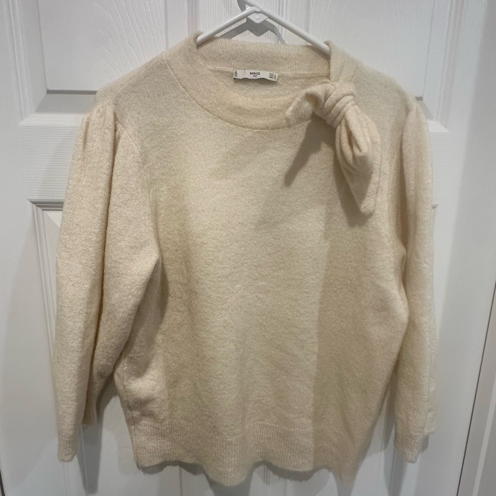 Mango Cream Knit Sweater with bow tie at neck